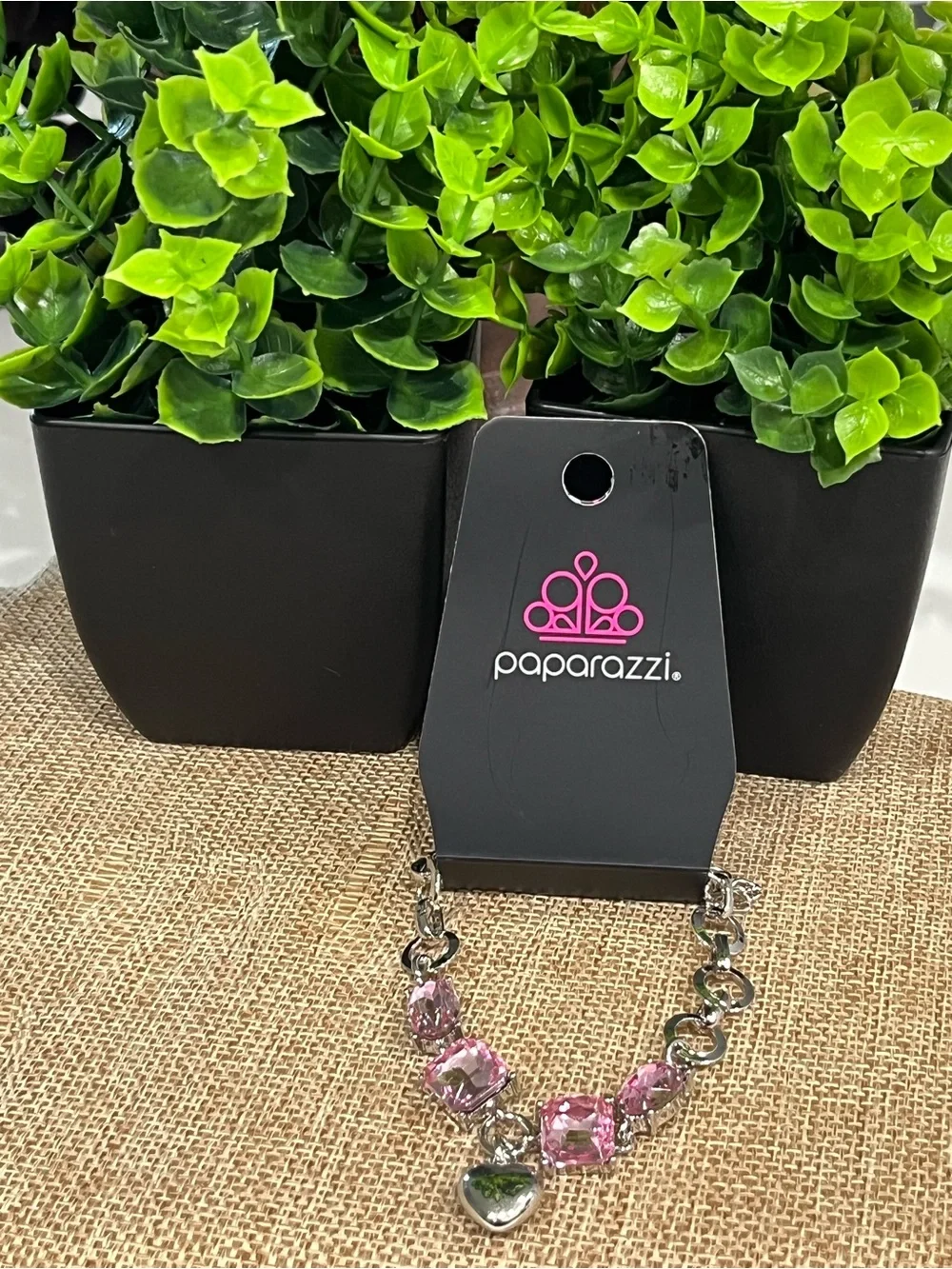 paparazzi Pink Crystal Heart Charm Bracelet with Silver-Tone Links